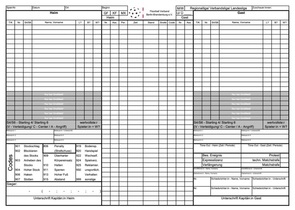 SBB Spielberichtsbogen - Floorball - Berlin-Brandenburg