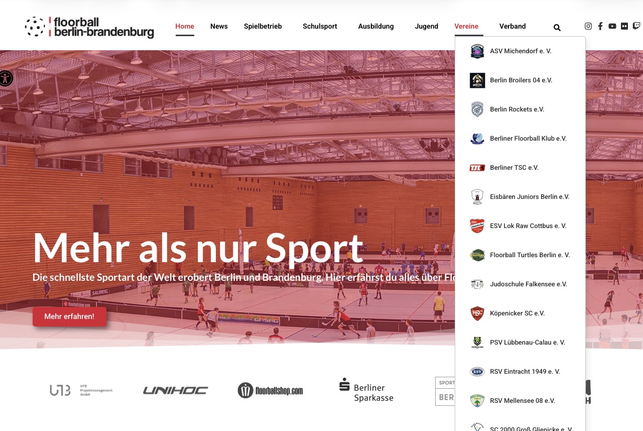 Screenshot der Homepage mit dem neuen Vereins-Menü