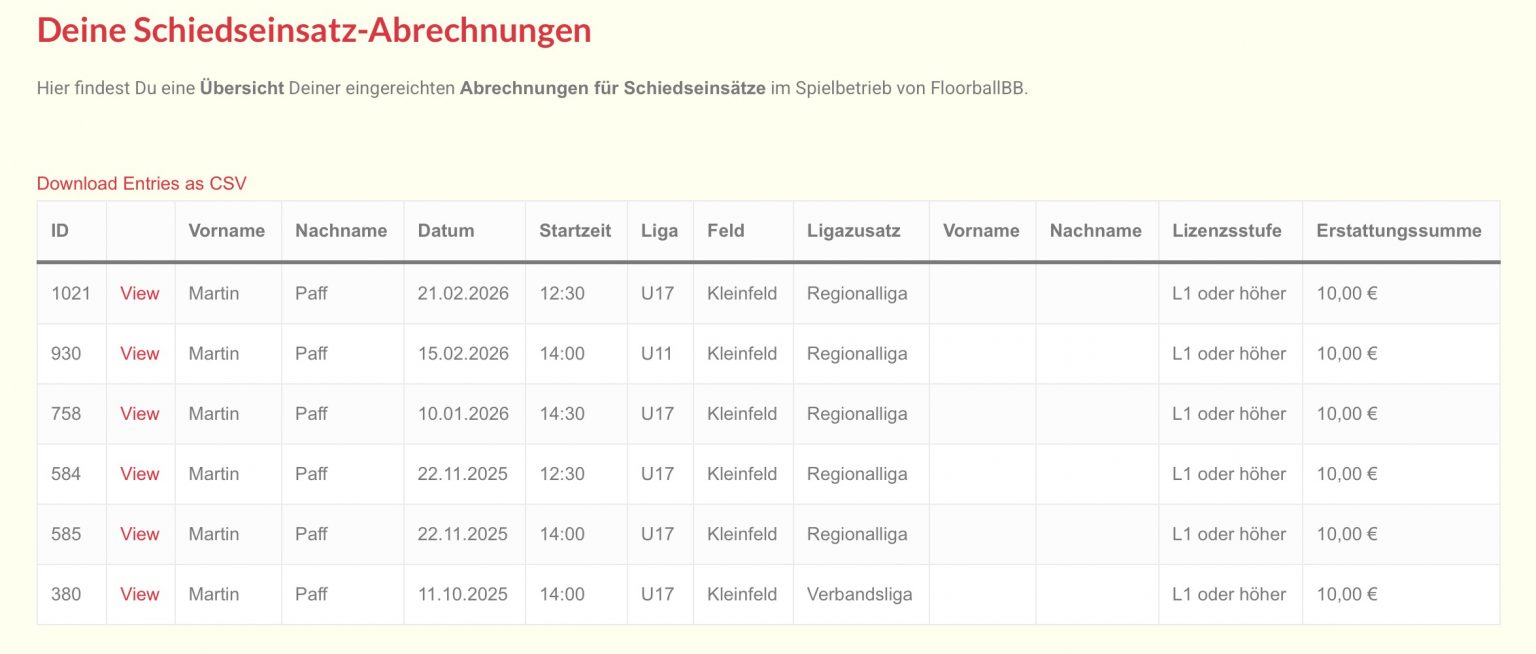 Übersicht über Schiedseinsatz-Abrechnungen im Benutzerkonto