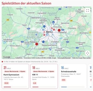 Neues Modul im FF Ligenplaner: Karte der Spielstätten der Saison mit Hallen in denen am Wochenende gespielt wird.