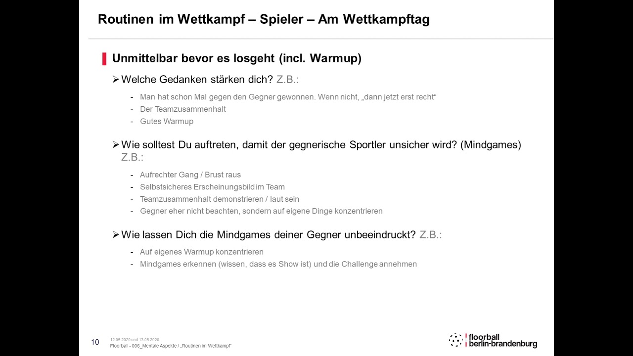 Kurs 006 Mentale Aspekte - 4. Routinen im Wettkampf - Spieler