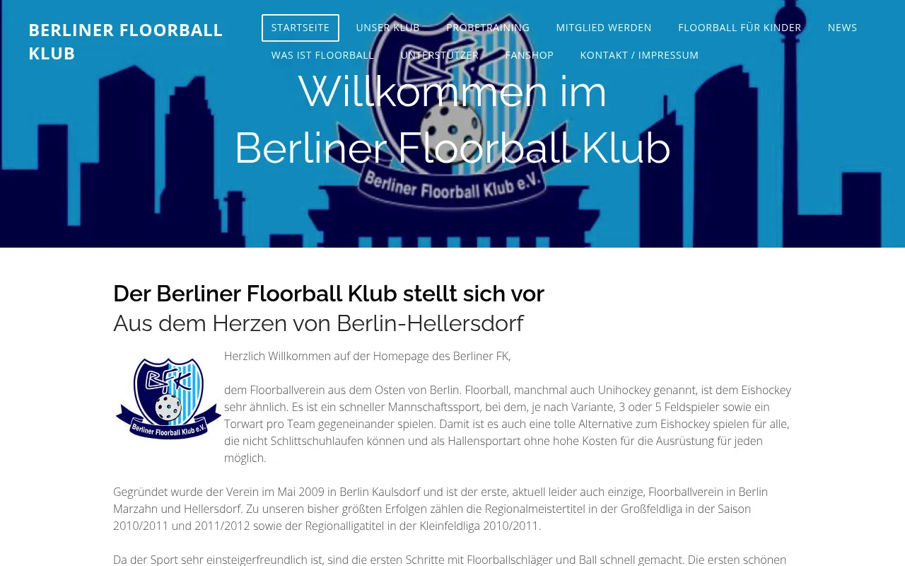 Startseite der Website von Berliner Floorball Klub e.V. (Screenshot vom 22.10.2026)