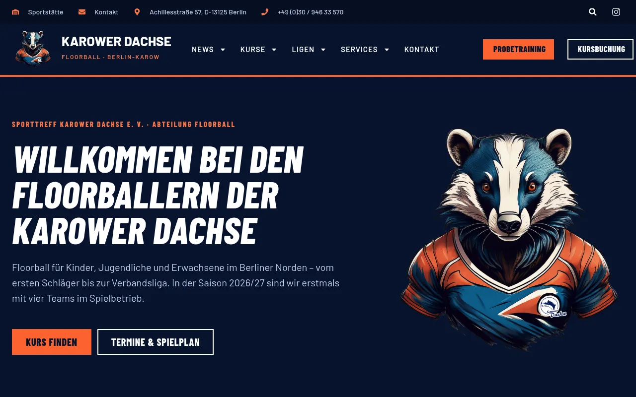 Startseite der Website von Sporttreff Karower Dachse e. V. (Screenshot vom 22.10.2026)